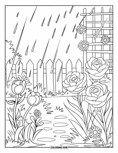 子ども向けの3月のぬりえ: 柵とトレリスのそばで雨の中に花が咲いている