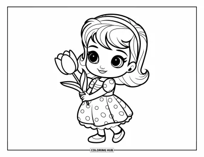 子ども向けの3月のぬりえ: 水玉模様のワンピースの女の子がチューリップを持ってにっこり笑っている