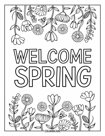 子ども向けの3月のぬりえ: 手描きの花が太字の"Welcome Spring"ポスターを囲んでいる