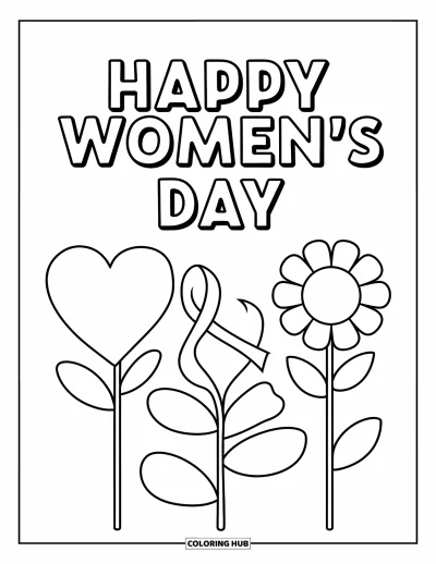 子ども向けの3月のぬりえ: ハート、花、"Happy Women's Day"のフレーズで満たされたお祝いデザイン