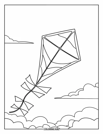 子ども向けの3月のぬりえ: 太い線で描かれた凧が雲のある青空を飛んでいる