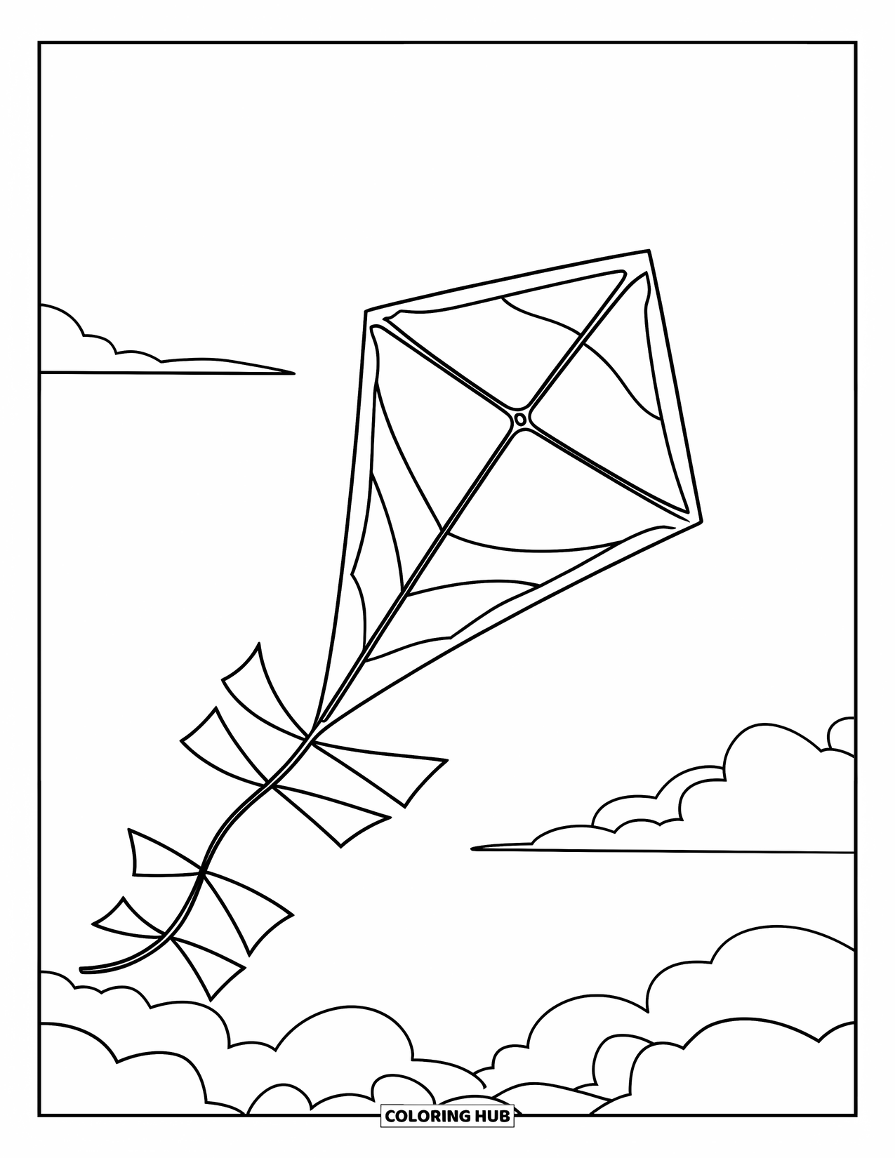 March Coloring Page for Kids: Kite with bold lines flies through a blue sky with clouds