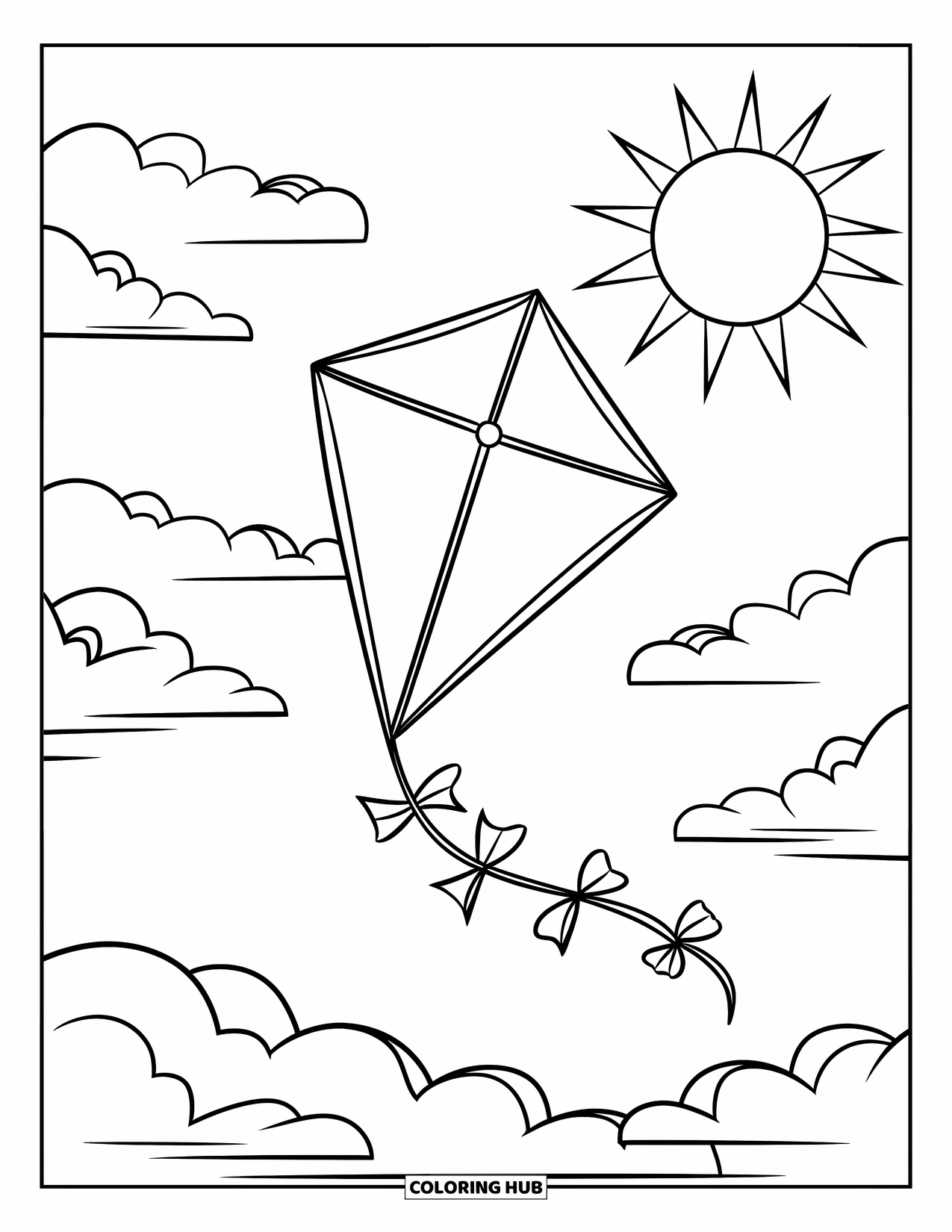 March Coloring Page for Kids: Kite with zigzag tail and sun glides above the clouds