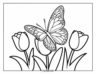 子ども向けの3月のぬりえ: 大きな蝶と花瓶に入った3本のチューリップのかわいい春の場面