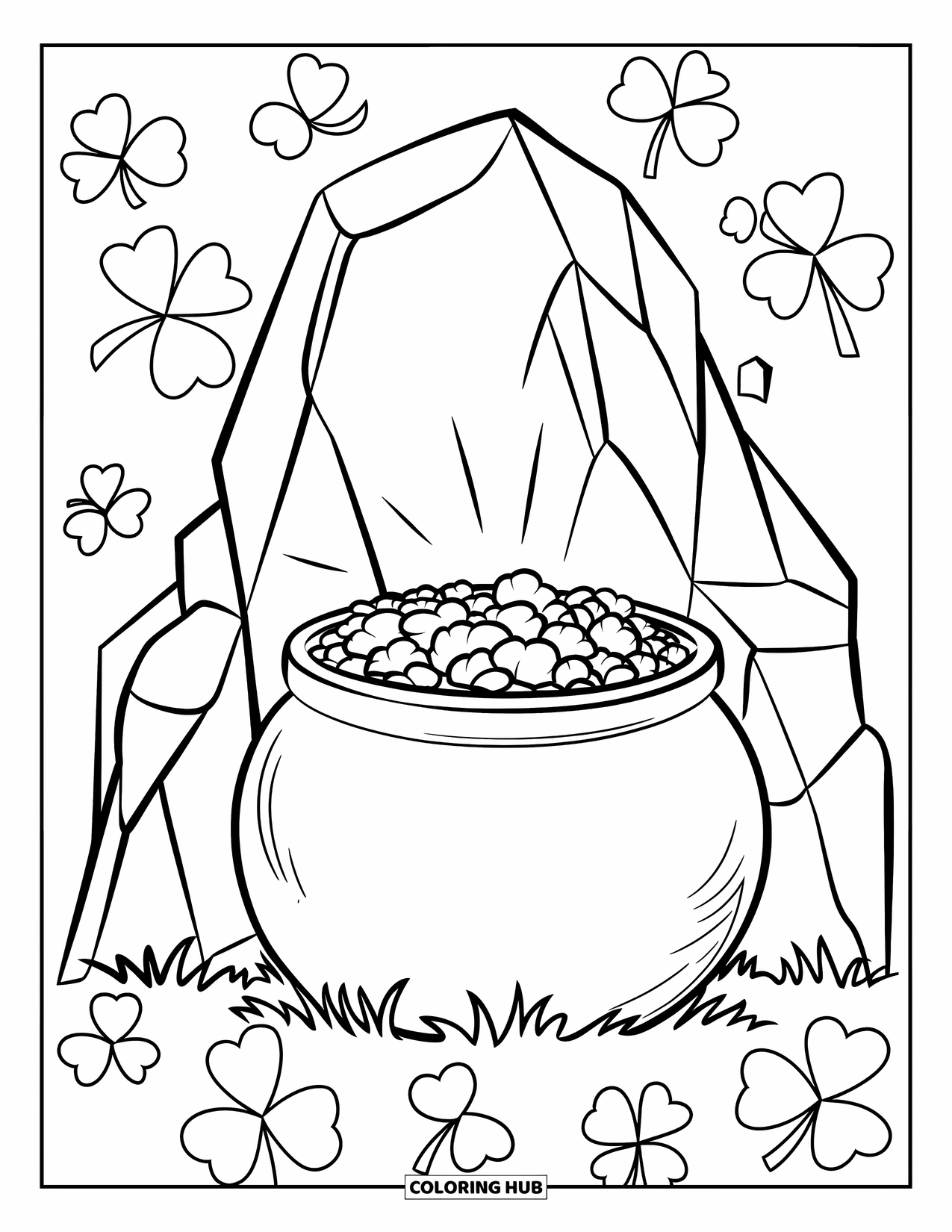 March Coloring Page for Kids: Pot of gold peeks out behind a rock surrounded by lucky clovers