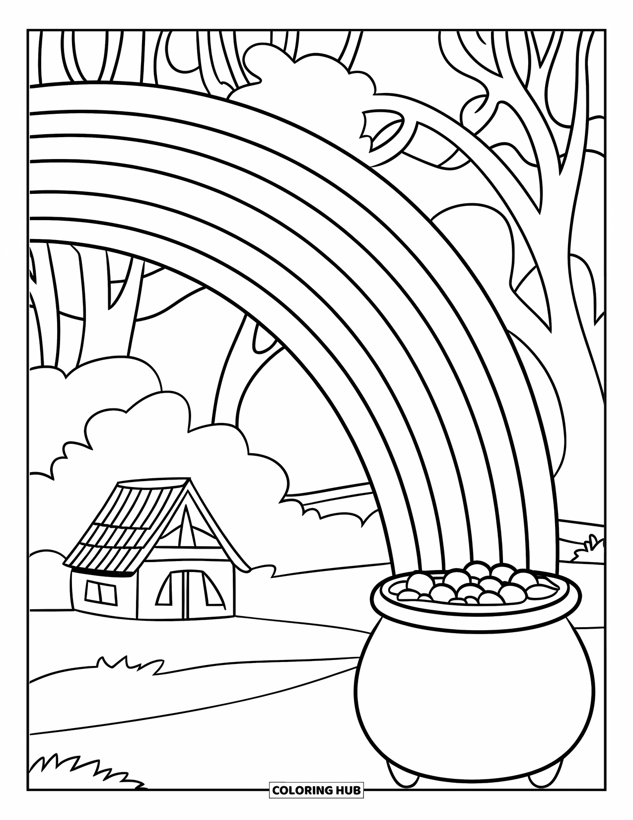 March Coloring Page for Kids: Pot of gold sits near a cottage under a rainbow