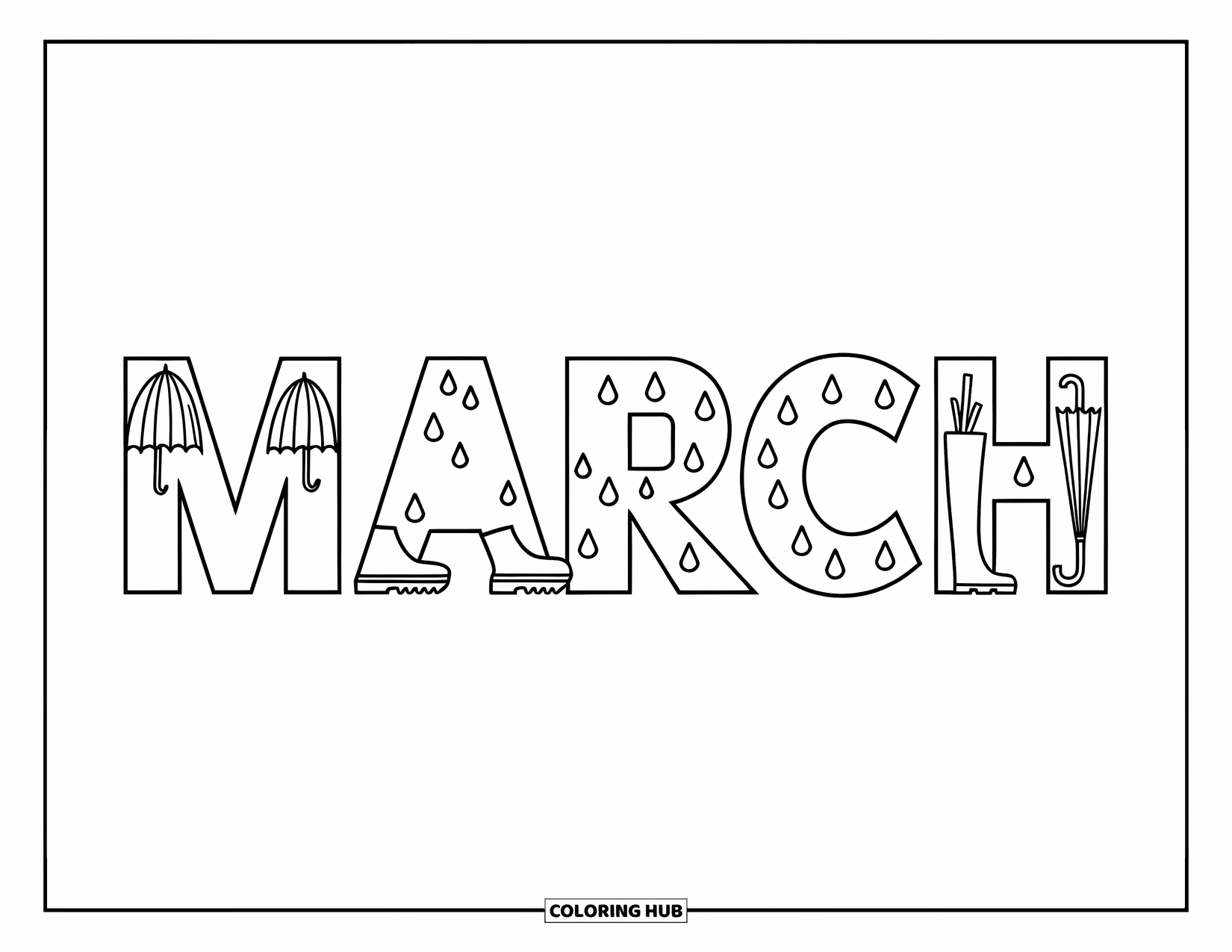 March Coloring Page for Kids: Rain boots and umbrellas fill the letter "M" in a rainy March design
