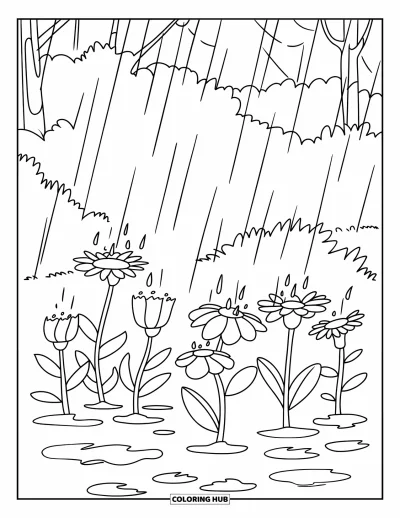子ども向けの3月のぬりえ: 庭の花に優しく雨が降り、水たまりと木々に囲まれている