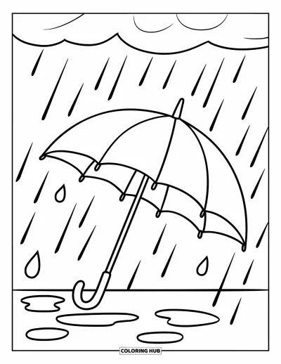 子ども向けの3月のぬりえ: 空の傘と小さな水たまりのそばに雨粒が落ちている