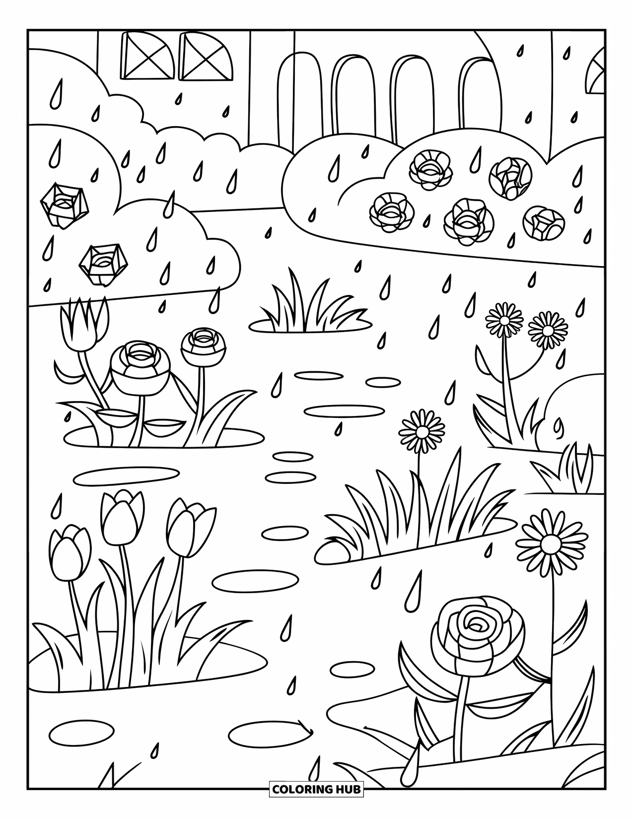 March Coloring Page for Kids: Raindrops fall on a garden of tulips and daisies with puddles below