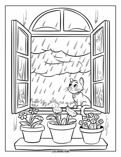 子ども向けの3月のぬりえ: 花でいっぱいの窓辺から猫が外の雨を眺めている