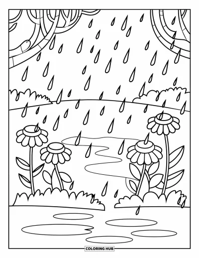 子ども向けの3月のぬりえ: 雨粒が花や水たまりのある穏やかな庭に降り注いでいる
