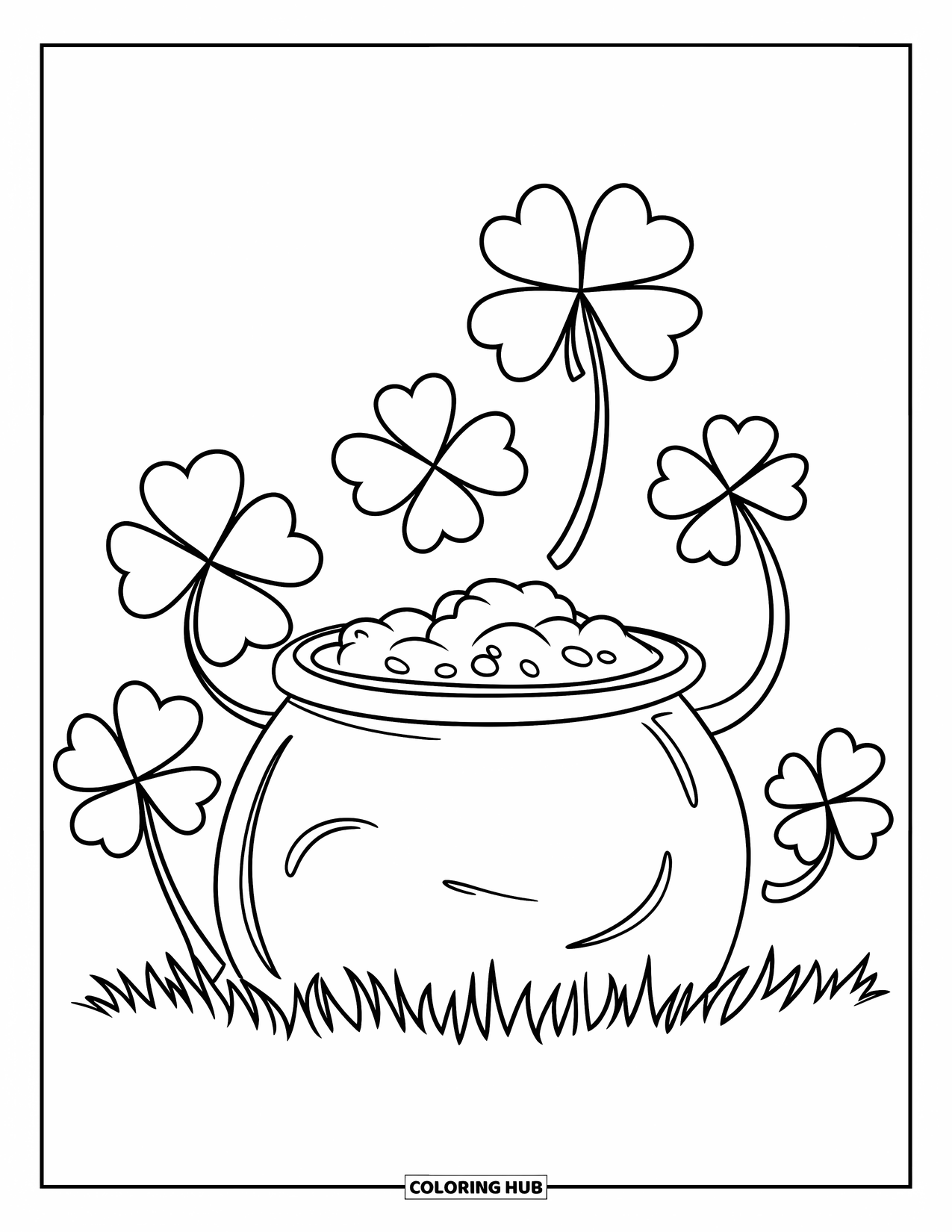 March Coloring Page for Kids: Rock with pot of gold and clovers sits in a grassy field
