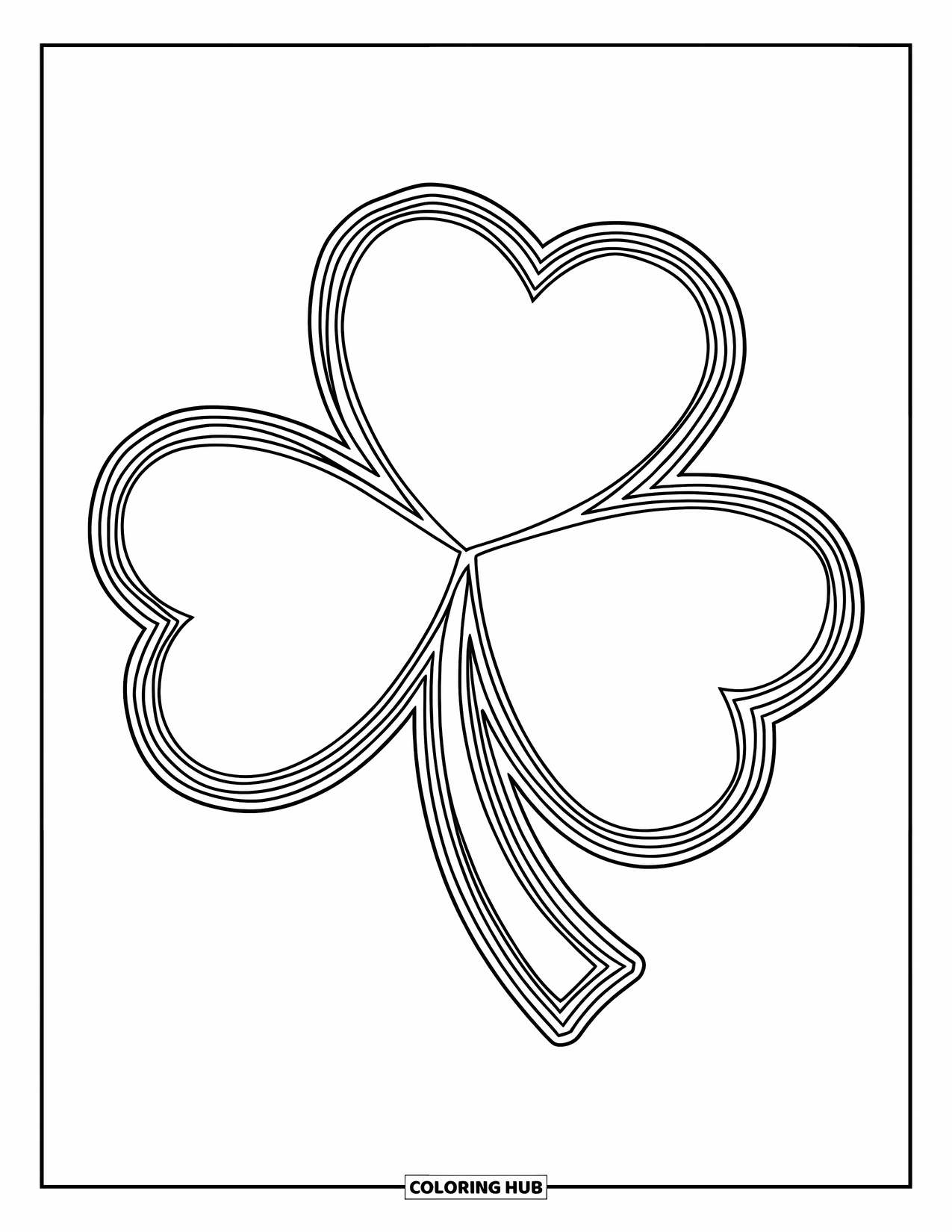 March Coloring Page for Kids: Shamrock with three bold lobes and a stem sits front and center