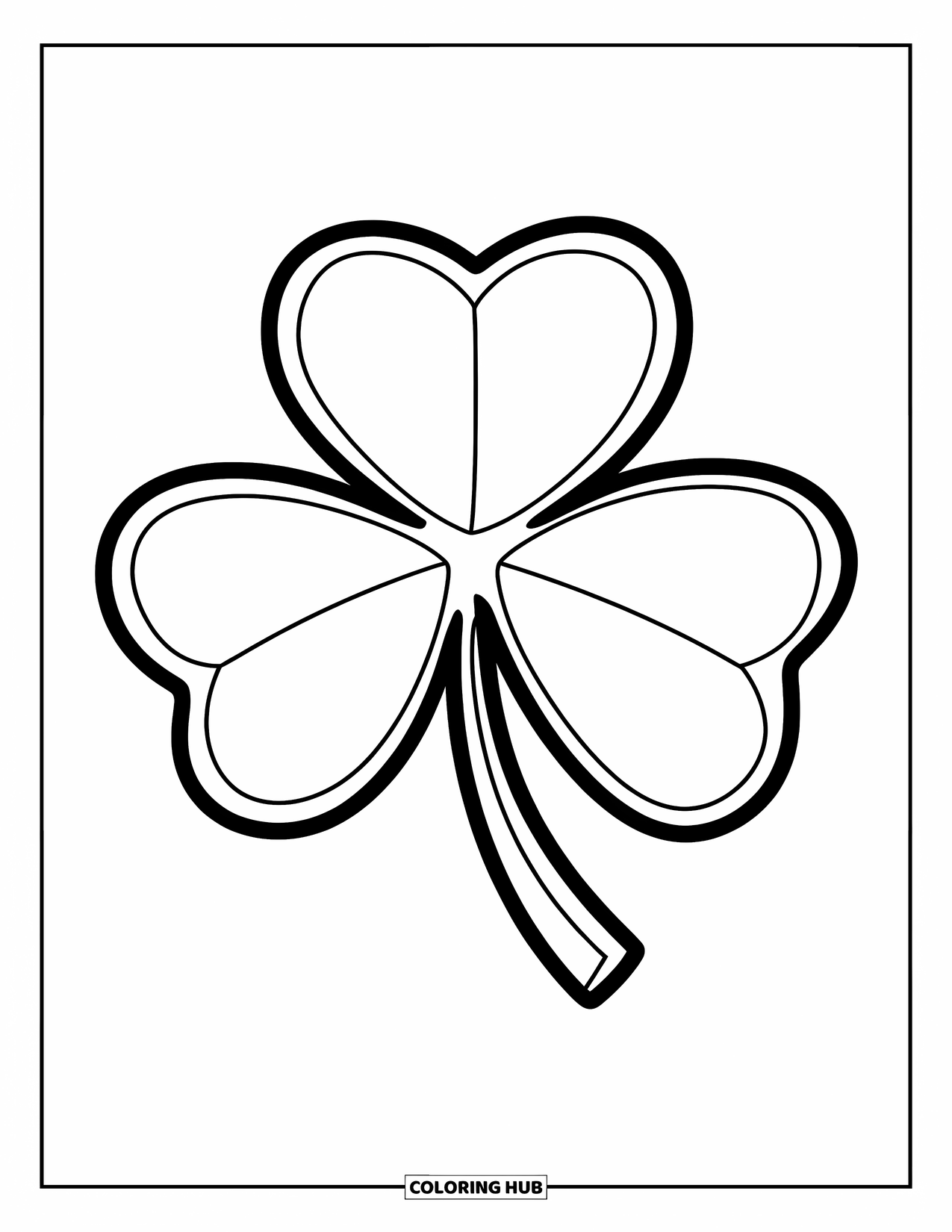 March Coloring Page for Kids: Simple shamrock with three leaves and bold outlines ready for color