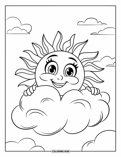 子ども向けの3月のぬりえ: にっこり笑う太陽がふわふわの雲の後ろからのぞいている