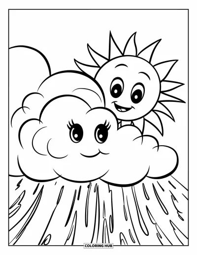 子ども向けの3月のぬりえ: 丸い顔の太陽がふかふかの雲の後ろでにっこり笑っている