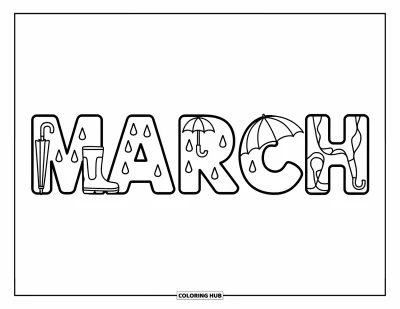 子ども向けの3月のぬりえ: "March"の文字に雨粒、長靴、傘が描かれた早春デザイン