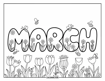 子ども向けの3月のぬりえ: 花、ミツバチ、蝶が咲き誇る"March"の文字