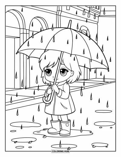 子ども向けの3月のぬりえ: 傘、レインコート、長靴を身につけたちびキャラの女の子が街の雨の中に立っている