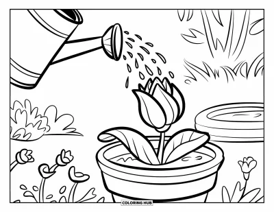 子ども向けの3月のぬりえ: 庭の鉢植えのつぼみに水が注がれている