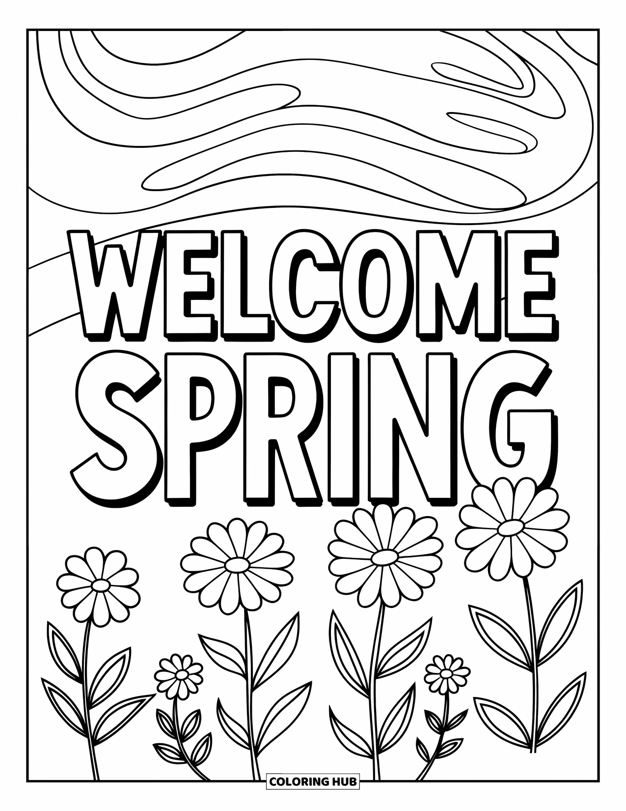 March Coloring Page for Kids: "Welcome Spring" lettering framed by floral borders in a poster-style scene