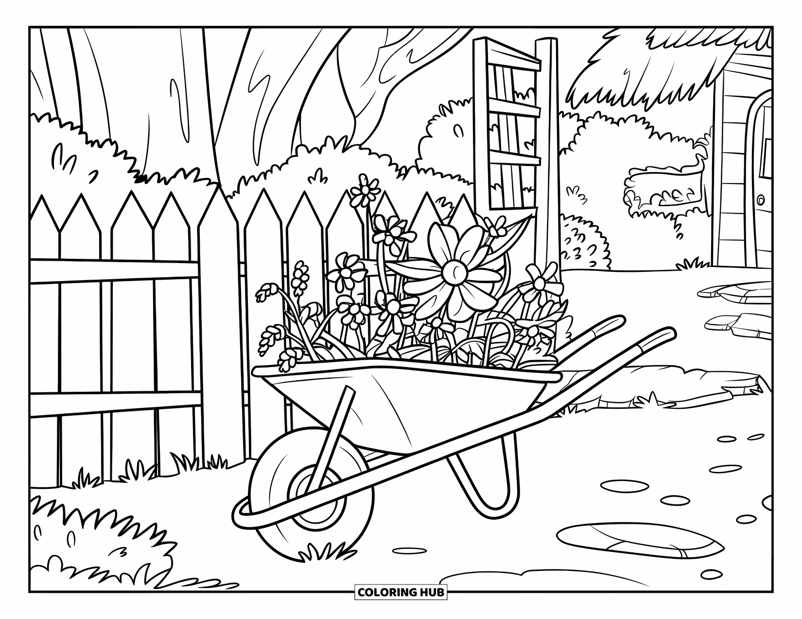 March Coloring Page for Kids: Wheelbarrow of wildflowers in a garden near a trellis and cozy cottage