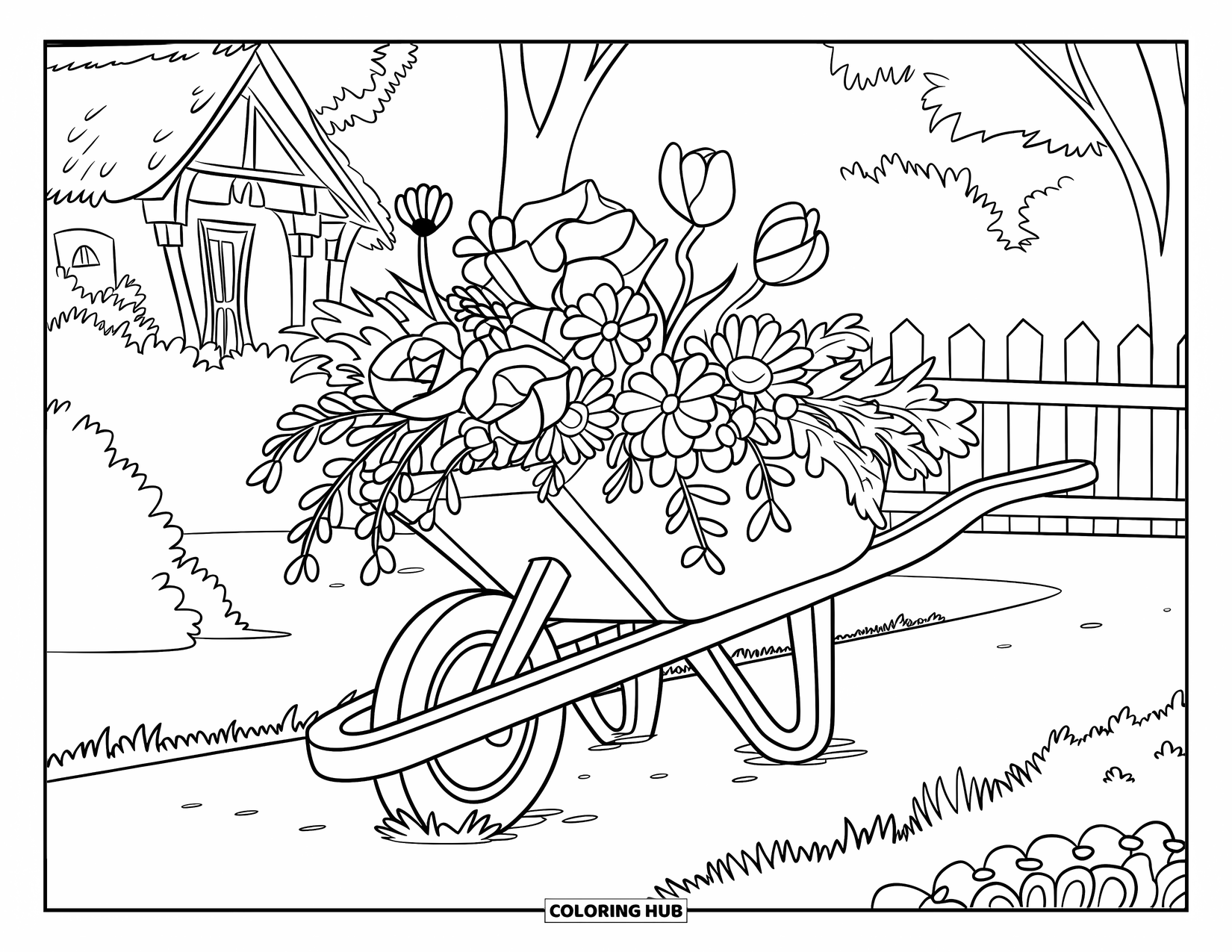 March Coloring Page for Kids: Wildflowers fill a wheelbarrow in a garden near a fence and blooming trees