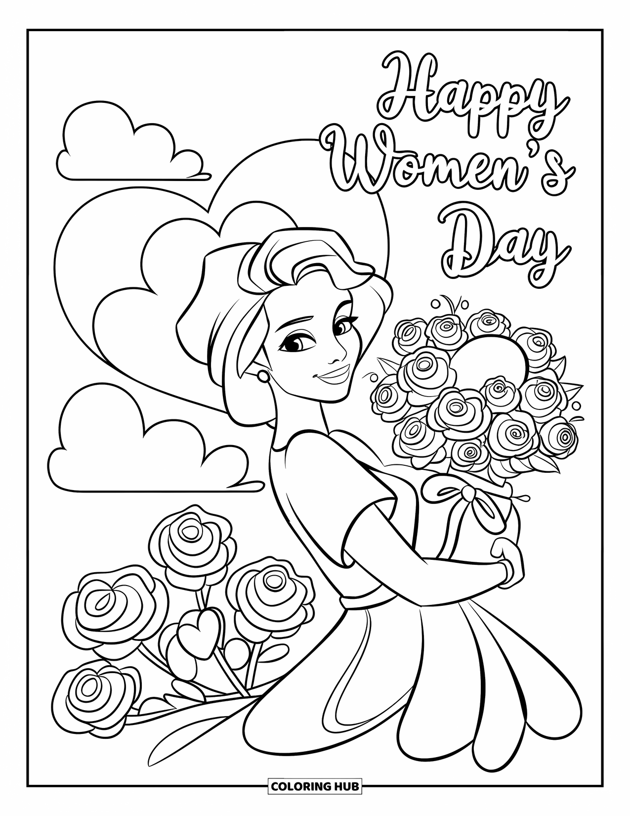 March Coloring Page for Kids: Woman holds roses and hearts with "Happy Women's Day" in the background