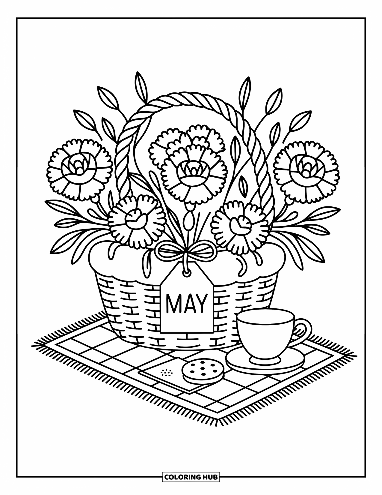 May Coloring Page for Adults: A basket with carnations and roses sits with cookies, tea, and a sweet "May" tag