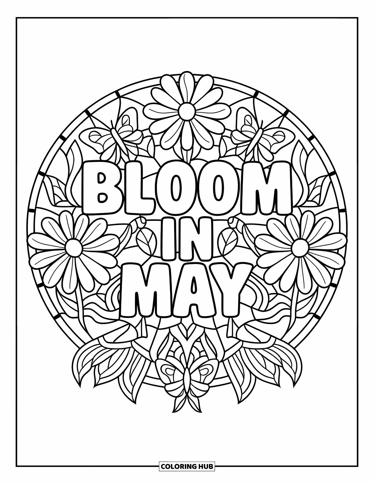 May Coloring Page for Adults: A circle of butterflies, daisies, and leaves frames the words "Bloom in May"