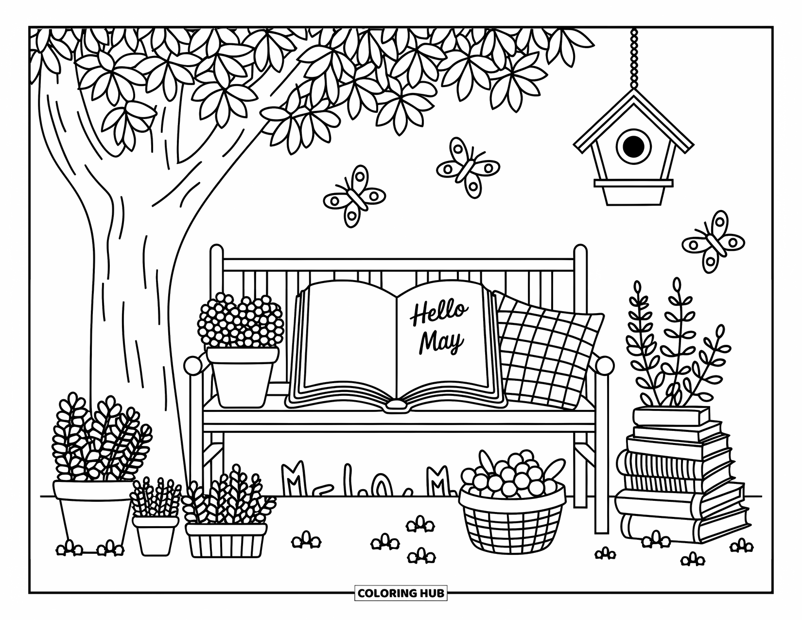 May Coloring Page for Adults: A cozy bench scene with herbs, a book saying "Hello May," and butterflies