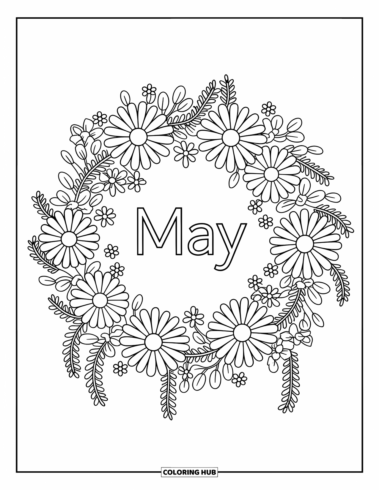 May Coloring Page for Adults: A floral wreath with bows, vines, and daisies circles around the word "May"