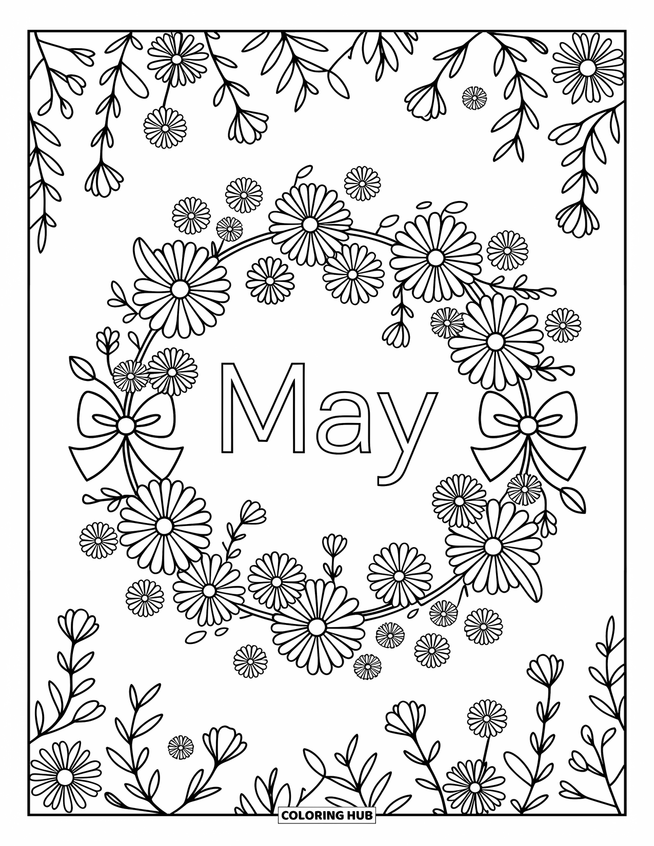 May Coloring Page for Adults: A floral wreath with soft petals, bows, and the word "May" in the center