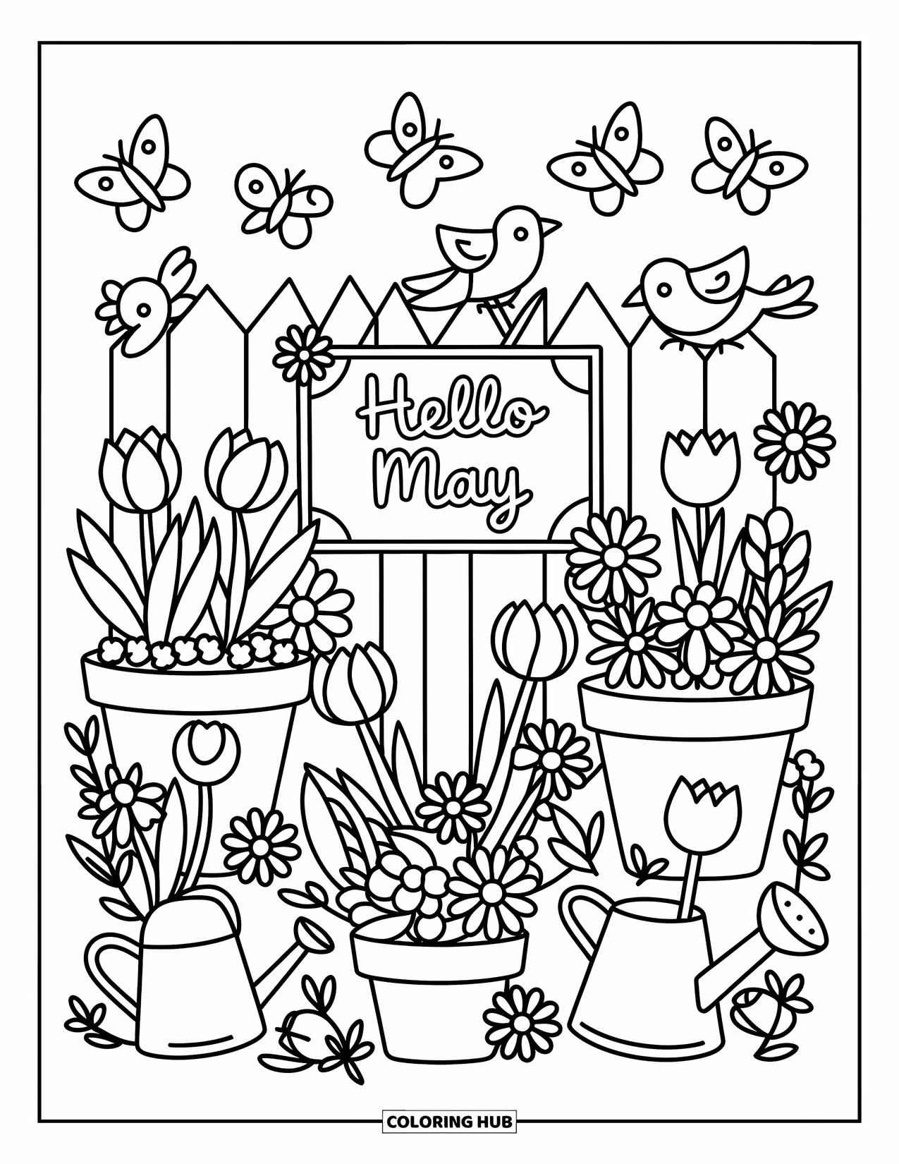 May Coloring Page for Adults: A garden filled with flowers, tools, and butterflies surrounds a wooden "Hello May" sign