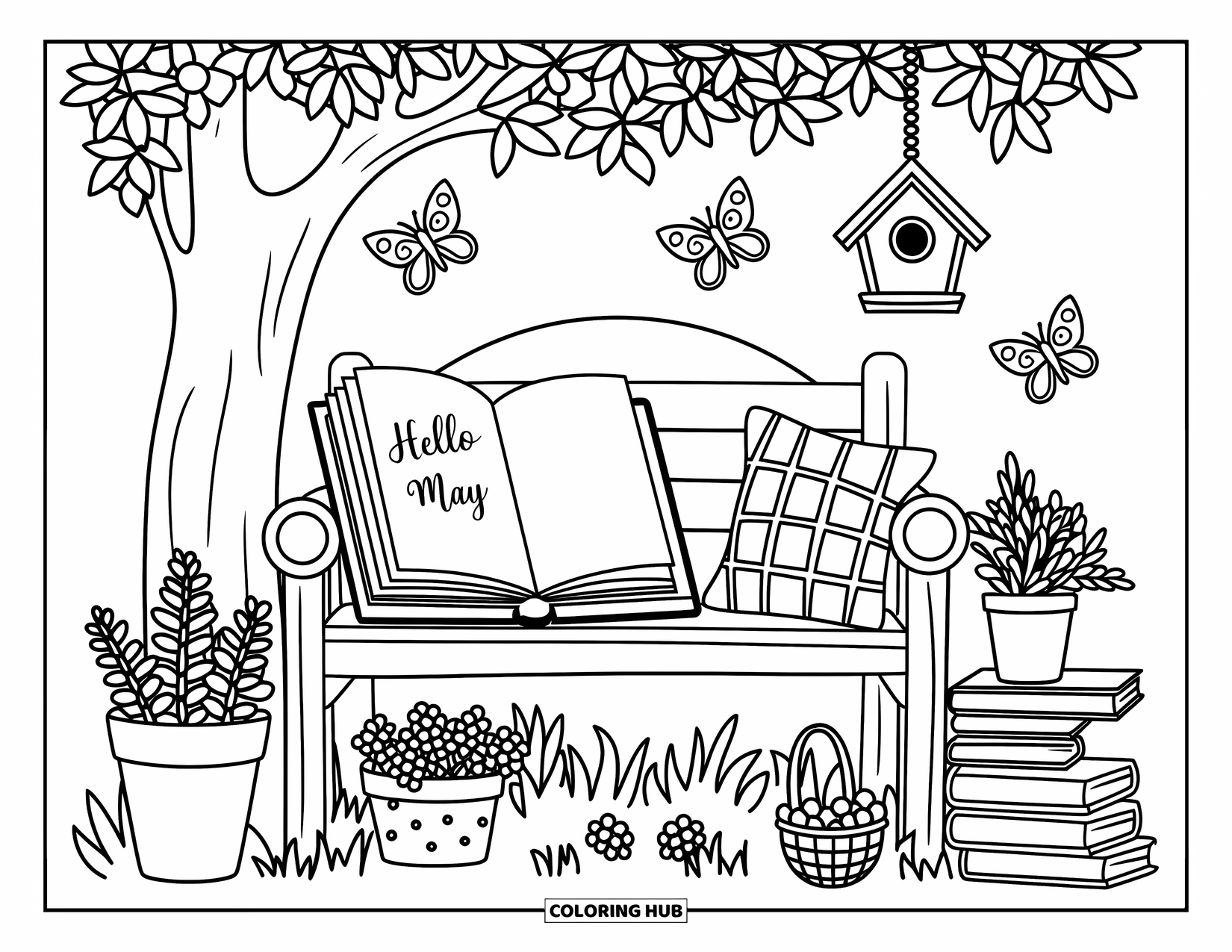 May Coloring Page for Adults: A leafy tree shades a bench with an open book, berries, and gentle butterflies