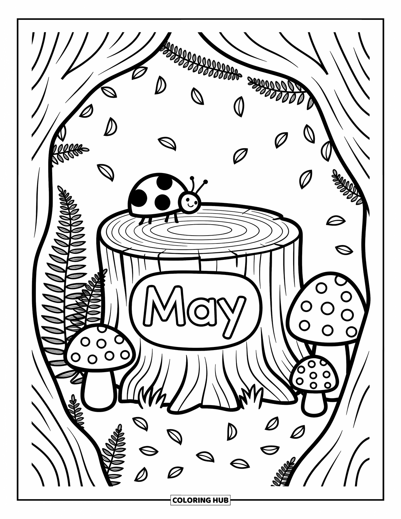 May Coloring Page for Adults: A peaceful forest stump with "May," ferns, mushrooms, and a ladybug on a leaf
