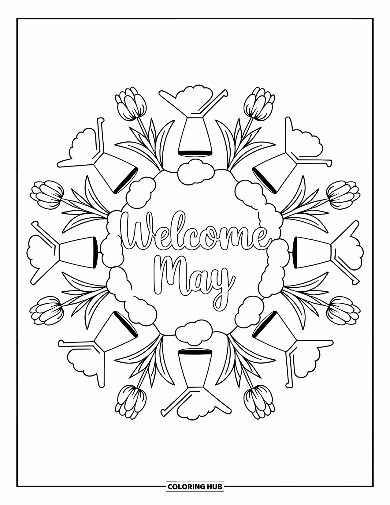 May Coloring Page for Adults: A tulip and watering can mandala radiates from "Welcome May" in soft lettering