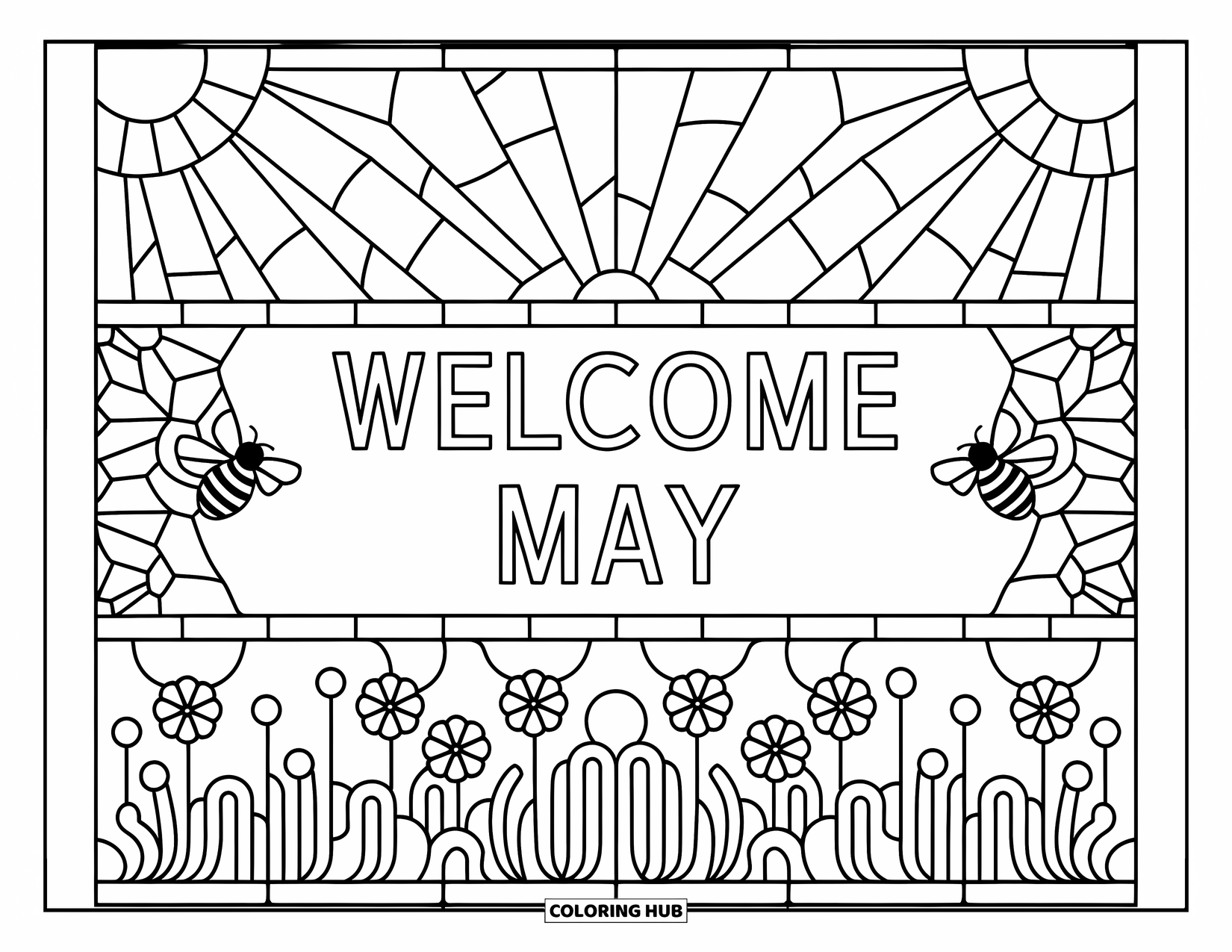 May Coloring Page for Adults: A welcome banner with "May" and stained-glass-style sun, bees, and garden edges