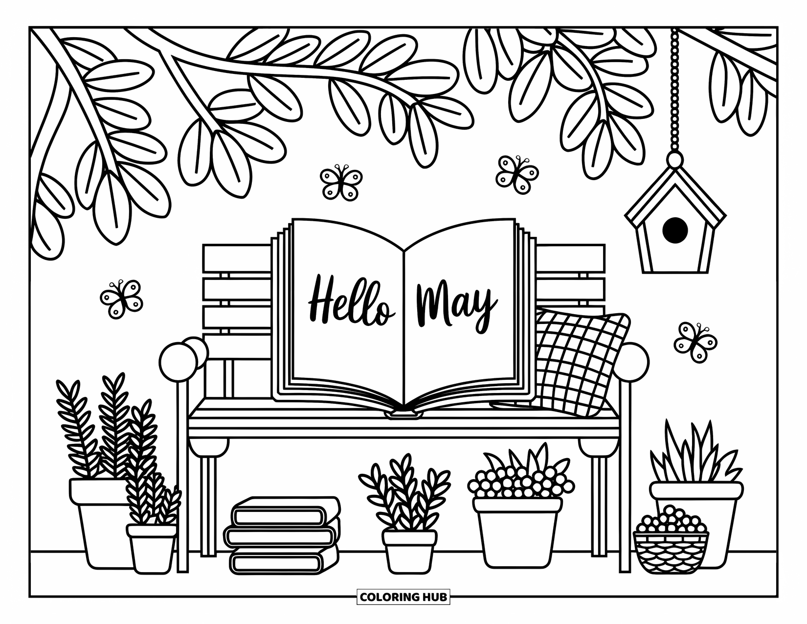 May Coloring Page for Adults: A wooden bench under a tree with berries, books, and a cheerful "Hello May" book