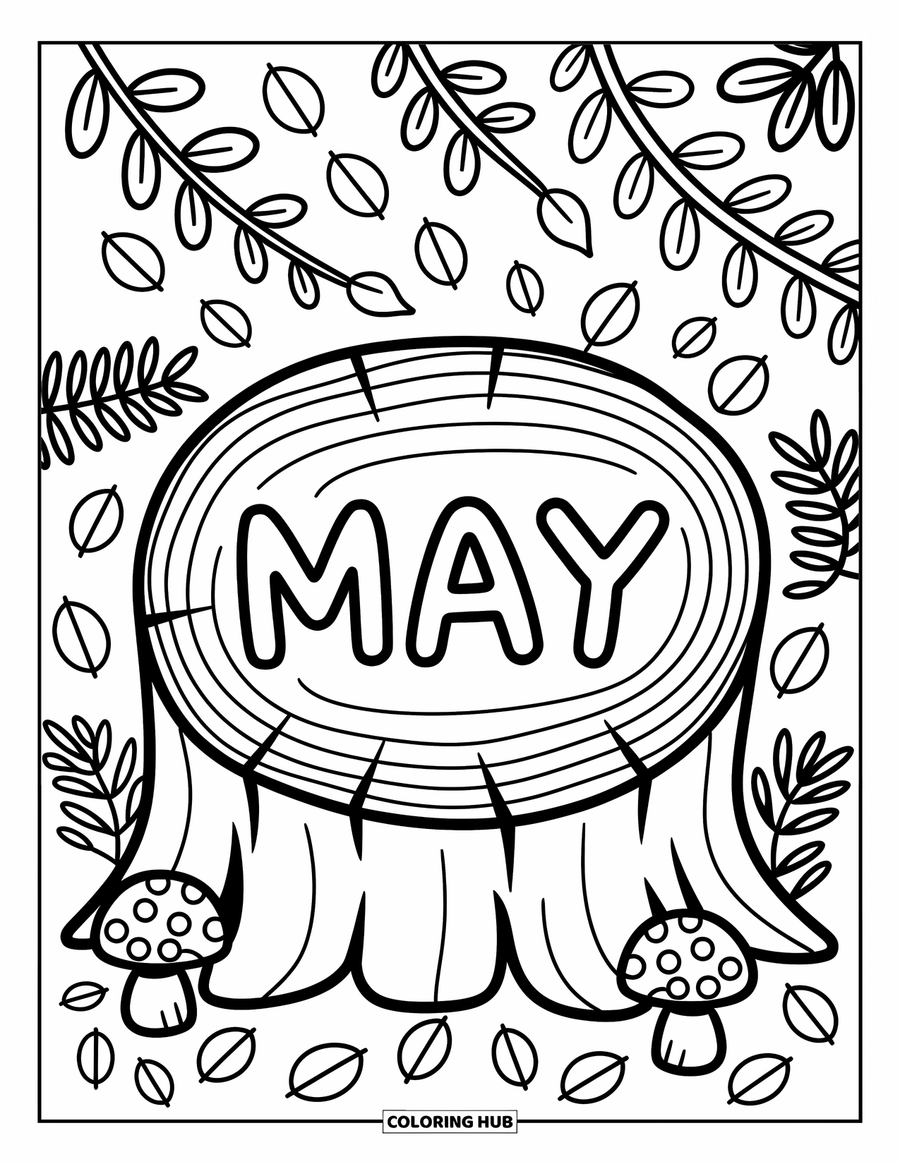 May Coloring Page for Adults: A woodland stump says "May," framed by petals, ferns, mushrooms, and a little ladybug