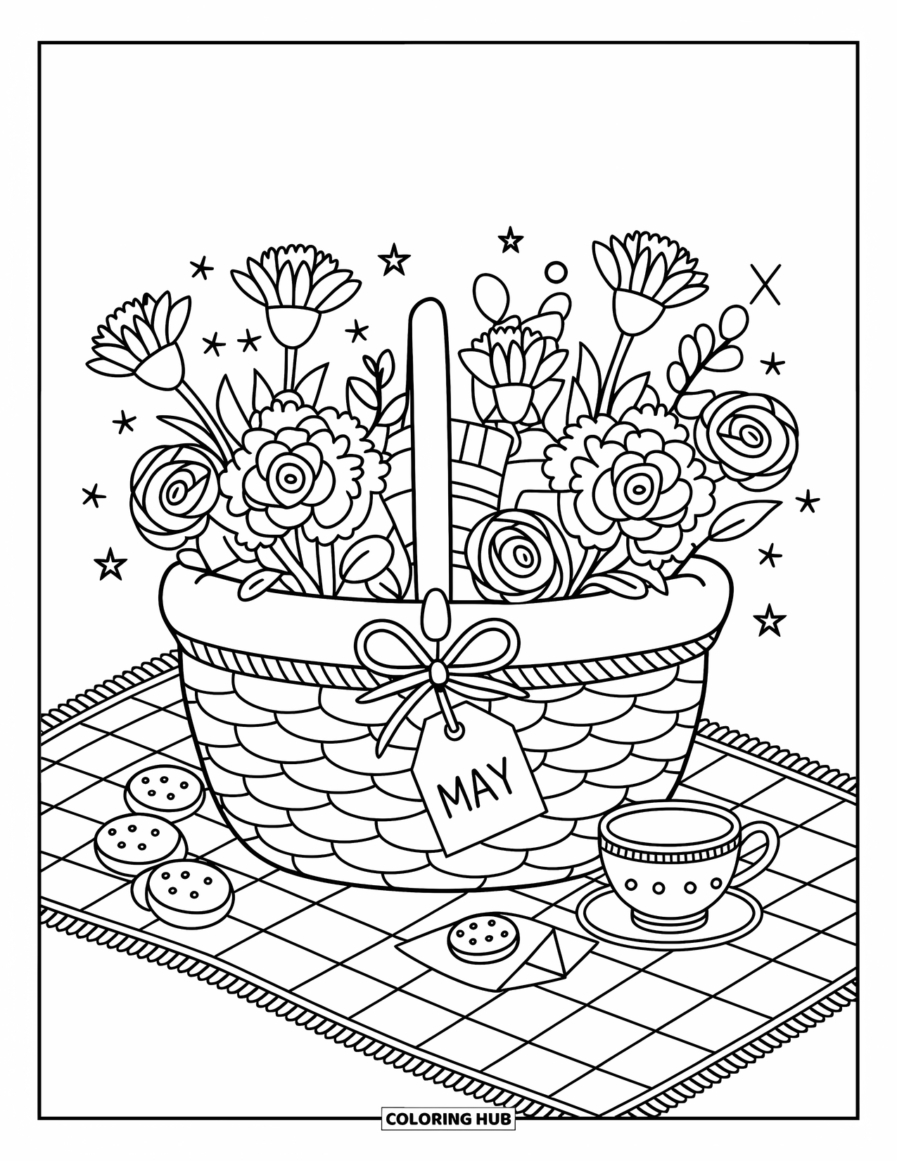 May Coloring Page for Adults: A woven basket with roses, cookies, tea, and a gift tag labeled "May"