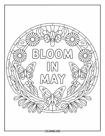 Ζωγραφιά Μαΐου για μεγάλους: "Bloom in May" μέσα σε λουλουδάτο κύκλο βιτρό με μαργαρίτες και πεταλούδες