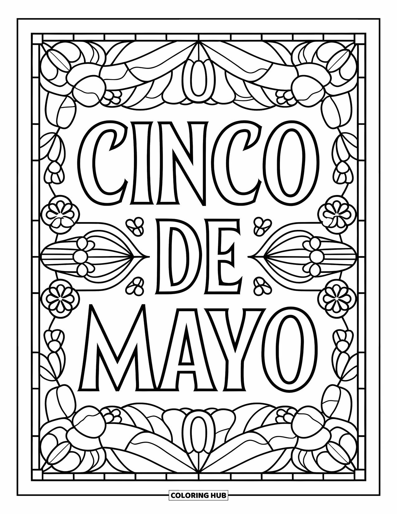 May Coloring Page for Adults: "Cinco de Mayo" surrounded by festive shapes in a vibrant stained glass border
