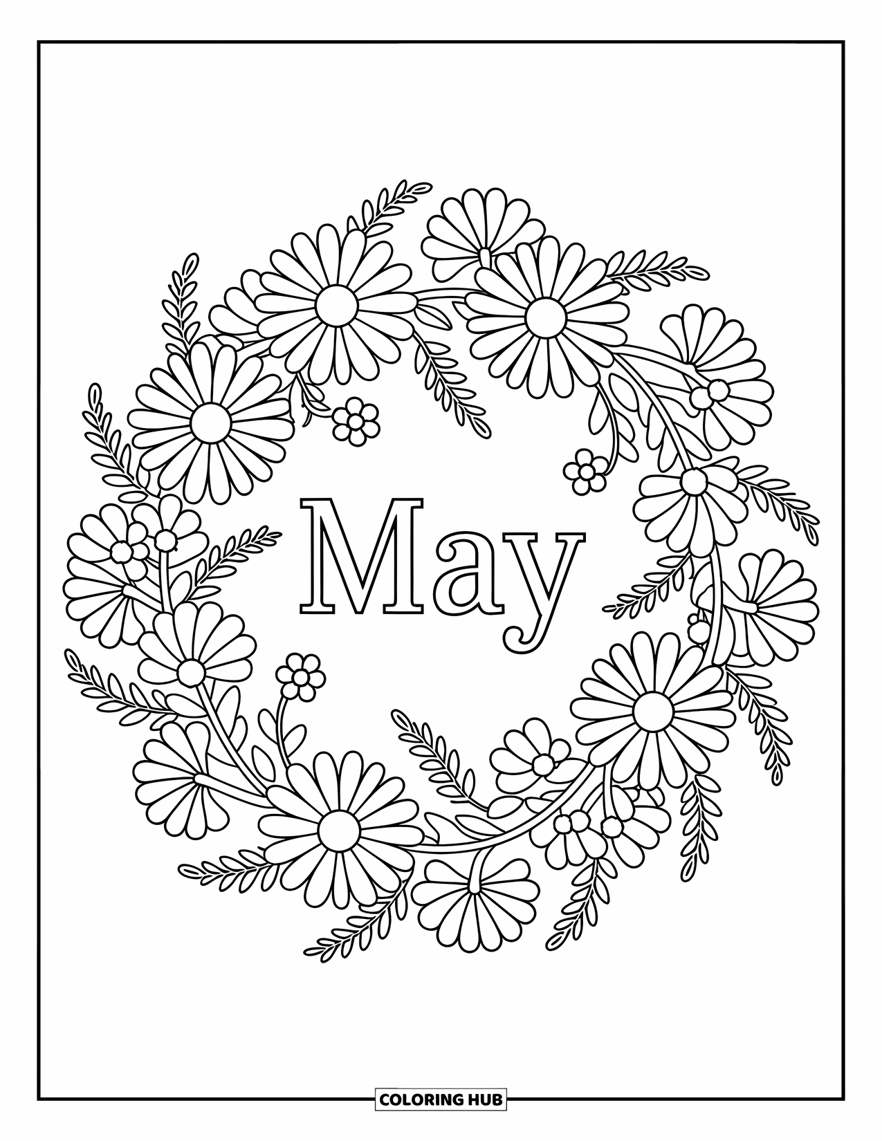 May Coloring Page for Adults: Daisies and vines form a wreath with the word "May" written softly in the middle