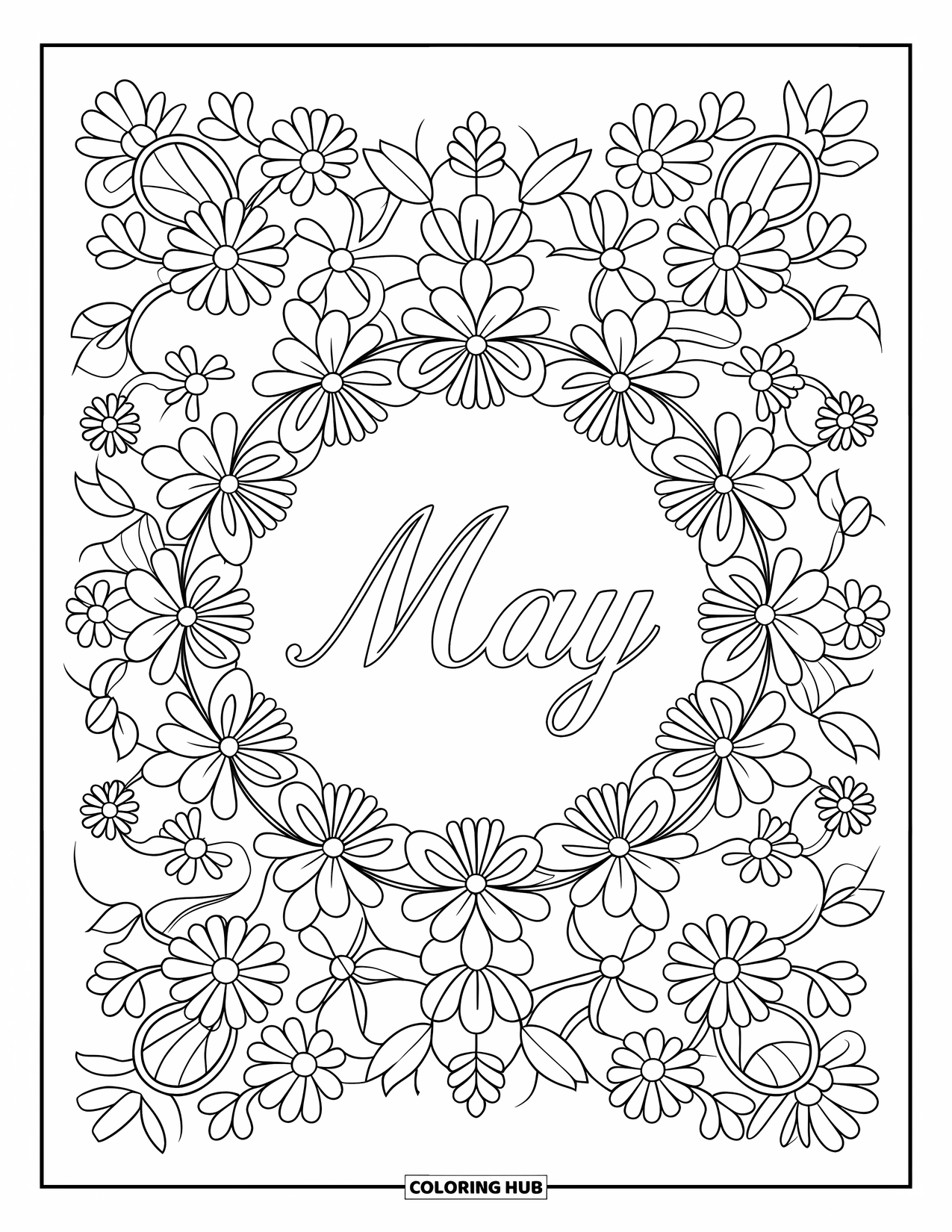 May Coloring Page for Adults: Elegant "May" in cursive surrounded by a floral mandala of spring flowers