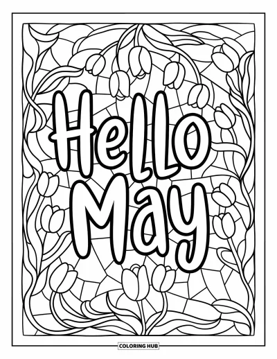 Ζωγραφιά Μαΐου για μεγάλους: "Hello May" σε χειρόγραφο ύφος με τουλίπες και κληματσίδες σε στιλ βιτρό