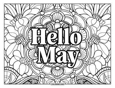 Ζωγραφιά Μαΐου για μεγάλους: "Hello May" περιβάλλεται από σχέδιο βιτρό με λουλουδάτα καλλιτεχνικά μοτίβα