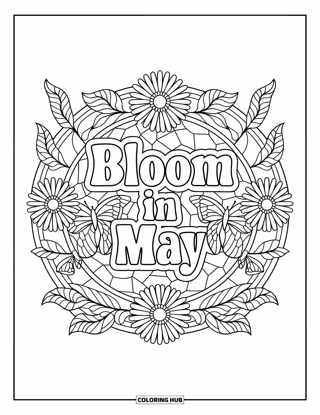 May Coloring Page for Adults: Layered daisies, butterflies, and leaves form a frame around "Bloom in May"
