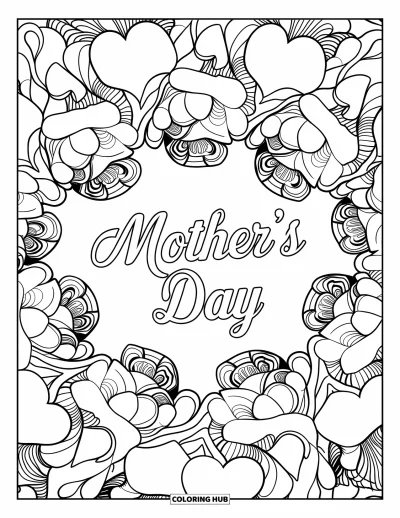 Ζωγραφιά Μαΐου για μεγάλους: "Mother's Day" βρίσκεται στο κέντρο ενός μάνταλα με τριαντάφυλλα και καρδιές